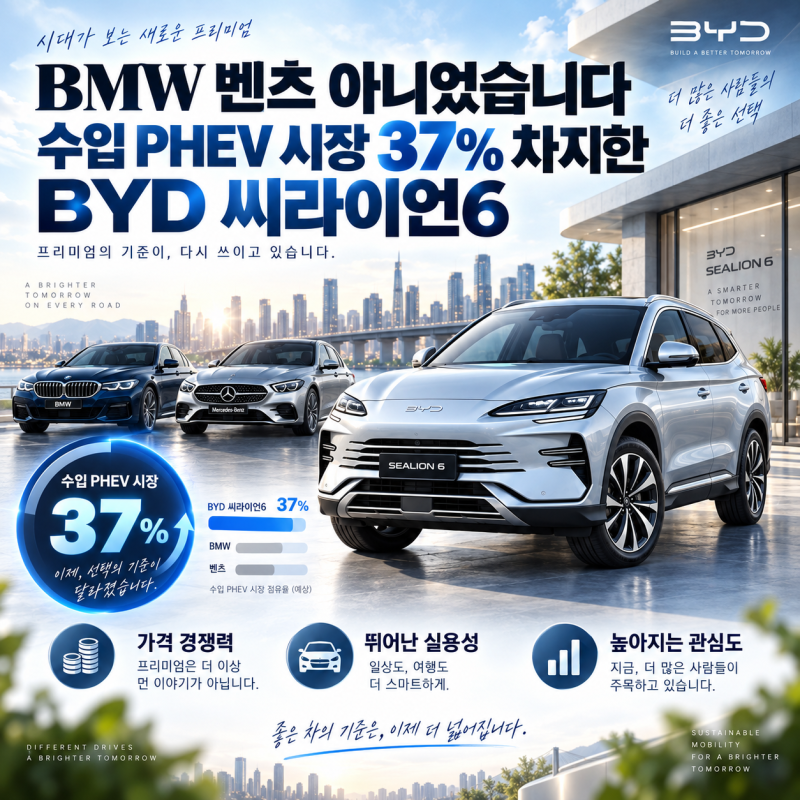 BMW 벤츠 아니었습니다 수입 PHEV 시장 37% 차지한 BYD 씨라이언6