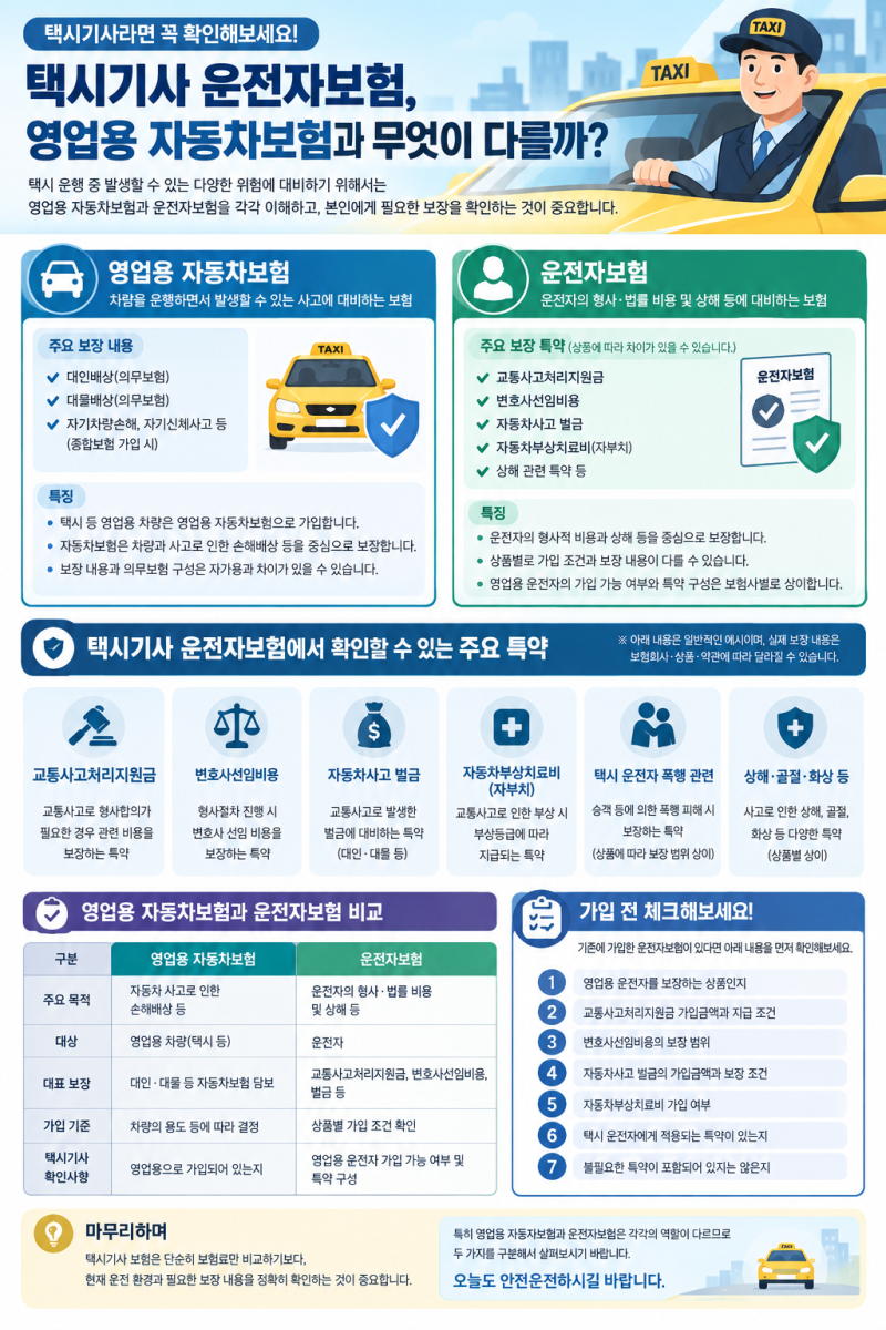 택시기사 운전자보험, 영업용 자동차보험과 무엇이 다를까? 주요 보장과 특약 알아보기