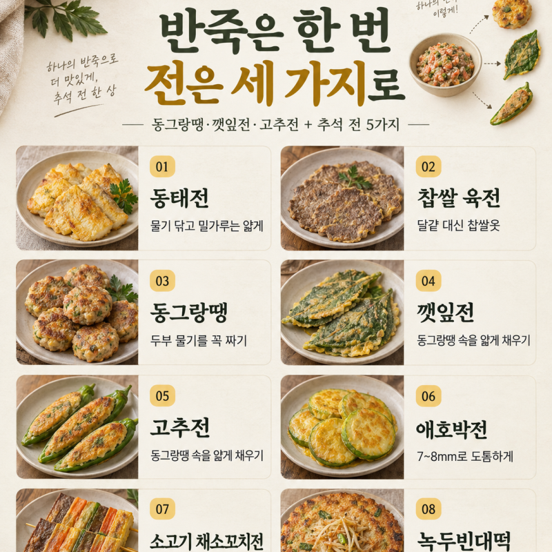 전 부치기 전 꼭 보세요 — 반죽 하나로 세 가지, 추석 모둠전 8가지