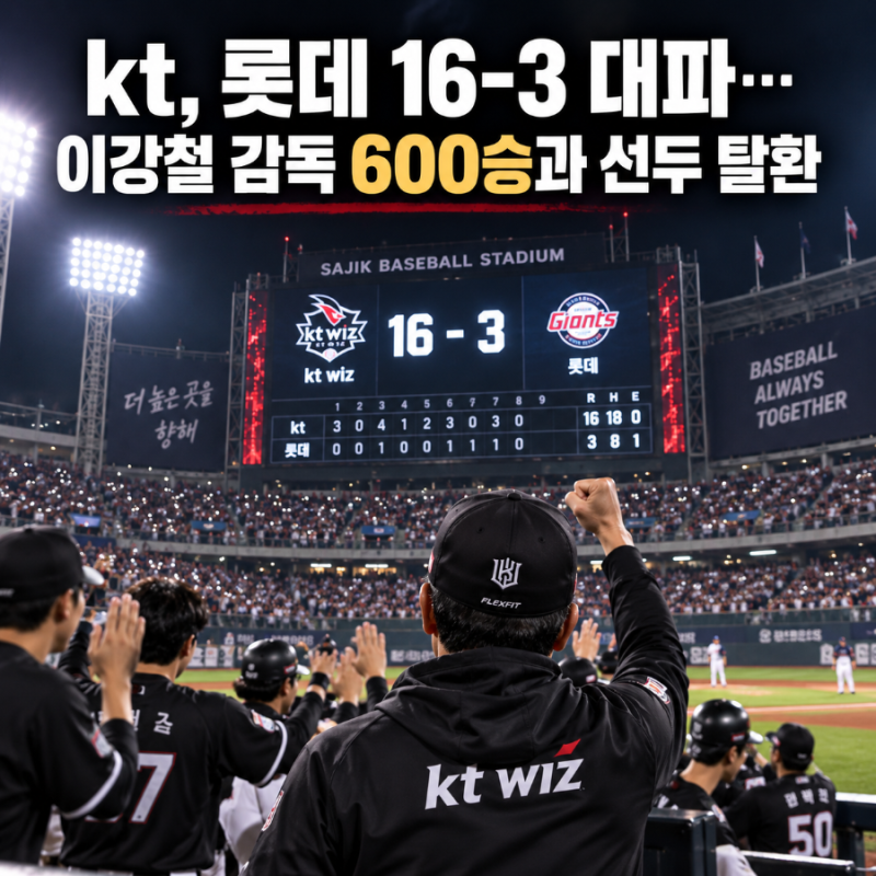 kt, 롯데 16-3 대파…이강철 감독 600승과 선두 탈환까지