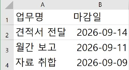 엑셀 디데이 계산｜마감일까지 남은 일수 TODAY 함수로 표시하기