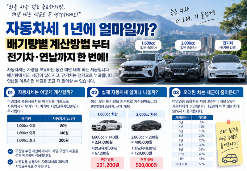 자동차세 1년에 얼마일까? 배기량별 계산방법부터 전기차·연납까지