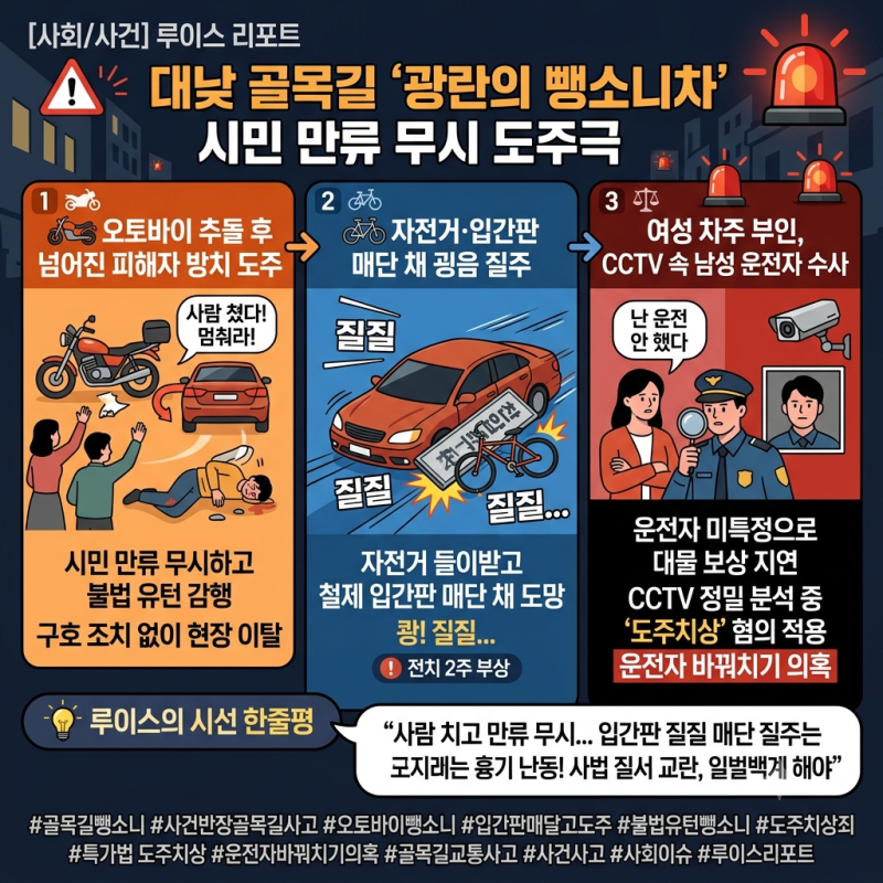 [사회/사건] 오토바이·자전거 치고 입간판 매단 채 질주 골목길 광란의 뺑소니차…시민 만류....