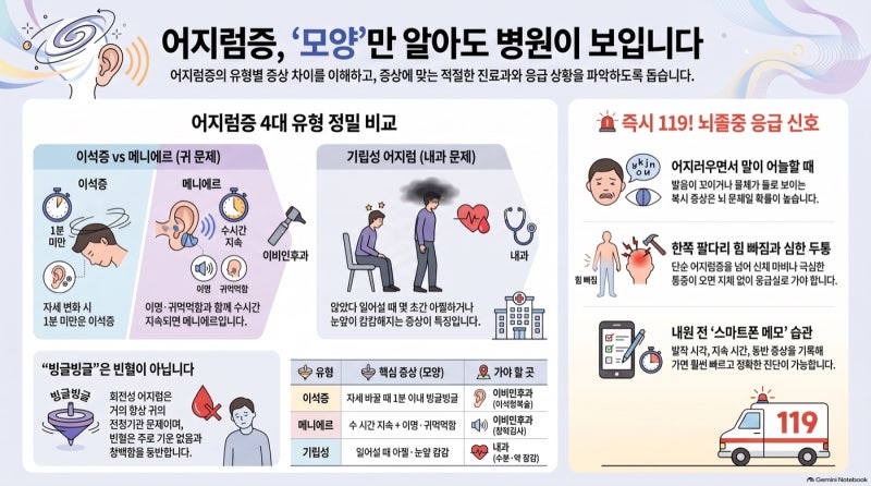 어지럼증, 빙글빙글 vs 아찔 — 이석증·메니에르·뇌 문제 구별법