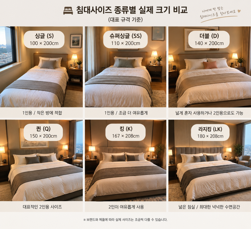 침대사이즈 헷갈린다면? 싱글·슈퍼싱글·퀸·킹 차이 숫자로 정리