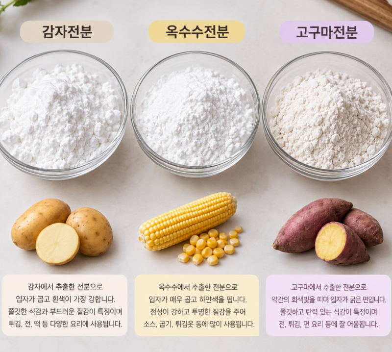 감자전분 vs 옥수수전분 vs 고구마전분 차이｜전분 종류별 특징과 요리 활용법