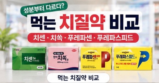 치센 vs 치쏙 vs 푸레파센 vs 푸레파스피드｜먹는 치질약 성분·함량·복용법 비교