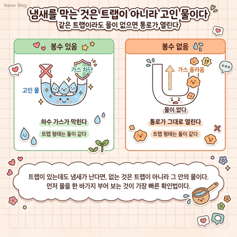 세탁기배수구트랩 냄새, 트랩이 아니라 봉수부터 의심해야 하는 이유