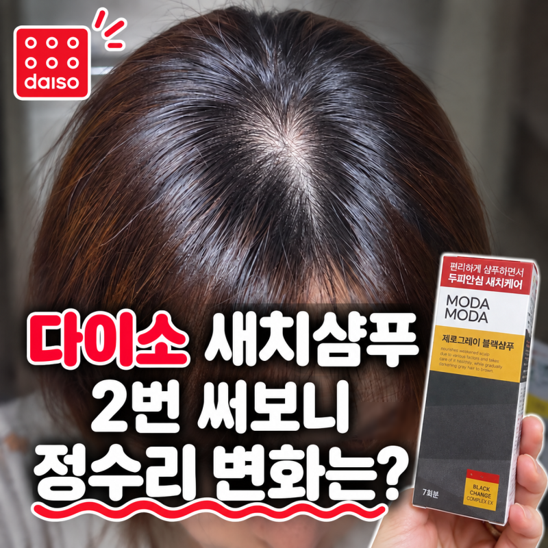 다이소 모다모다 제로그레이 블랙샴푸 후기, 정수리 새치에 2번 써보니