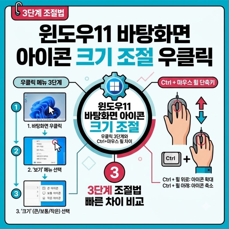 윈도우11 바탕화면 아이콘 크기 조절 우클릭 3단계와 Ctrl+마우스 휠 차이, 초보가 자주 놓치는....