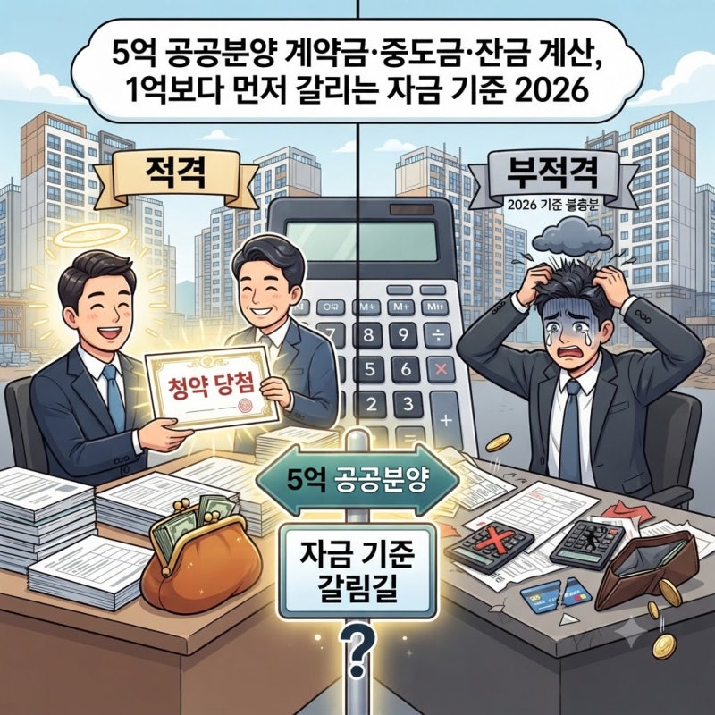 5억 공공분양 계약금·중도금·잔금 계산, 1억보다 먼저 갈리는 자금 기준 2026