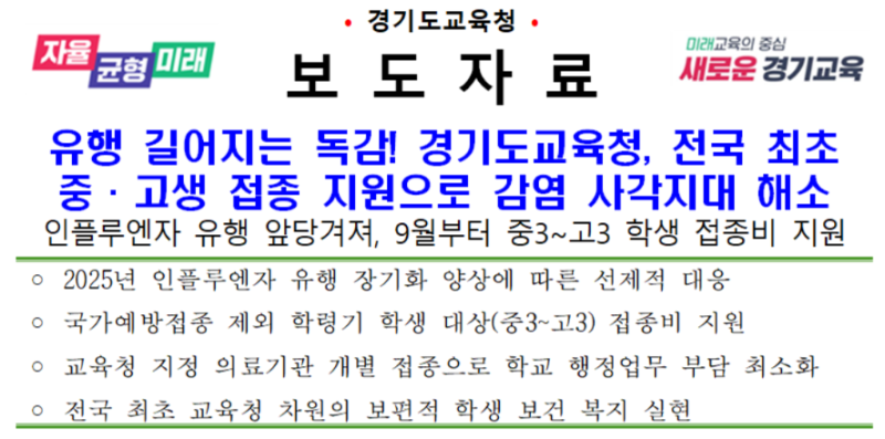 2026년 독감예방접종 무료 일정(경기도 중고등학생 추가 지원)