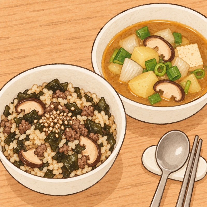 소고기 표고버섯 미역솥밥 레시피, 된장찌개까지 같이 끓인 정갈한 2인 집밥