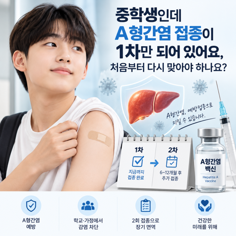 중학생인데 A형간염 접종이 1차만 되어 있어요,처음부터 다시 맞아야 하나요?