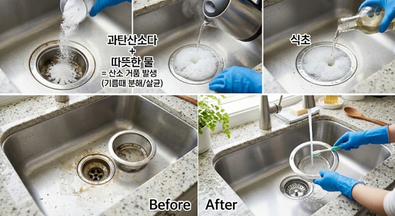 싱크대 배수구 냄새 제거 과탄산소다와 식초 청소 루틴 후기