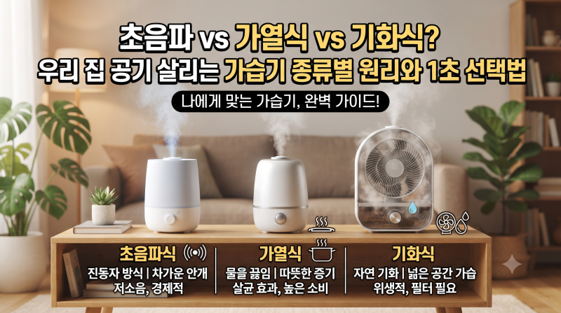 초음파 vs 가열식 vs 기화식? 우리 집 공기 살리는 가습기 종류별 원리와 1초 선택법