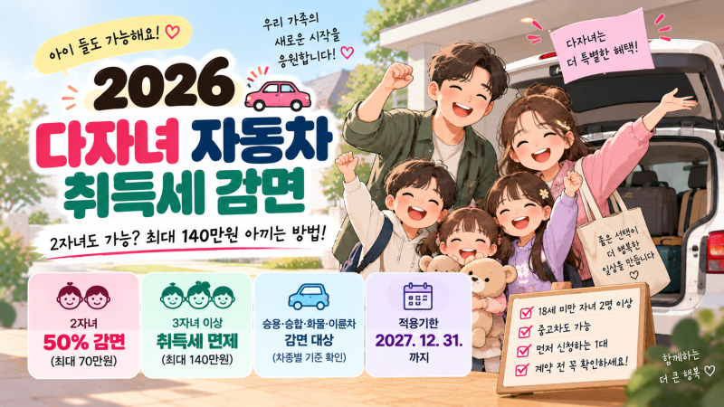 2026 다자녀 자동차 취득세 감면, 2자녀도 가능? 최대 140만원 아끼는 방법