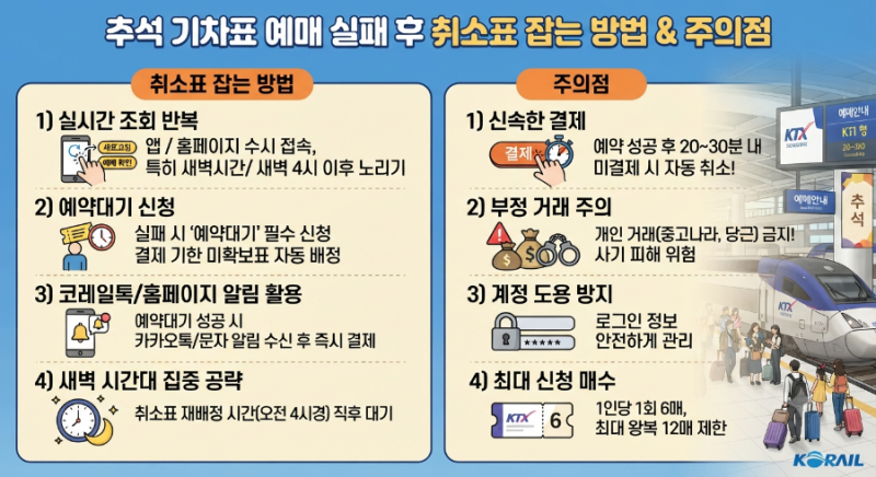 추석 기차표 예매 실패 후 취소표 잡는 방법과 주의점