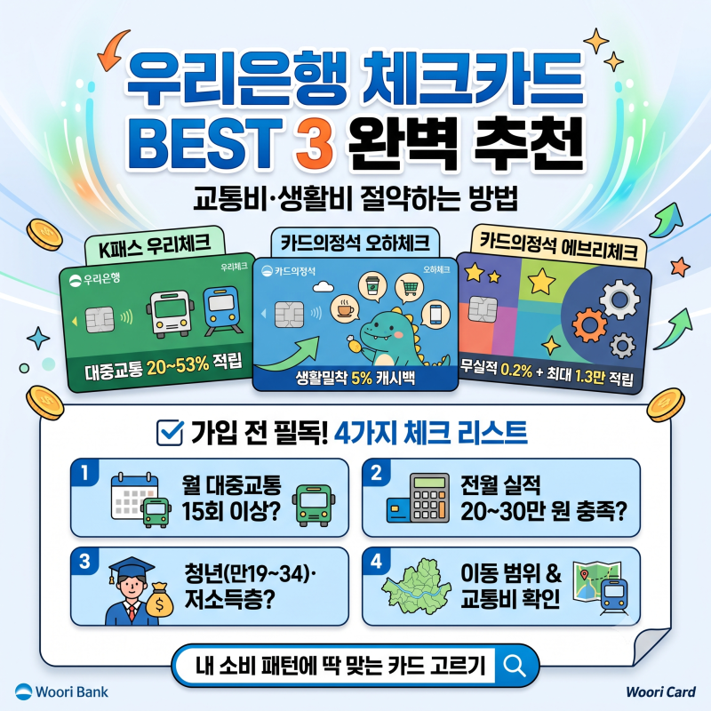 우리은행체크카드추천 TOP3 총정리 | K패스·오하체크·에브리체크 가입 전 4가지 체크리스트