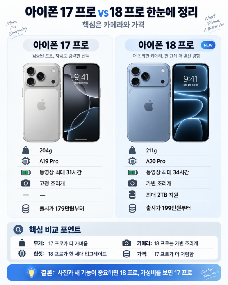 아이폰 17 프로 vs 18 프로 차이 6가지｜20만원 더 주고 바꿀 만할까?