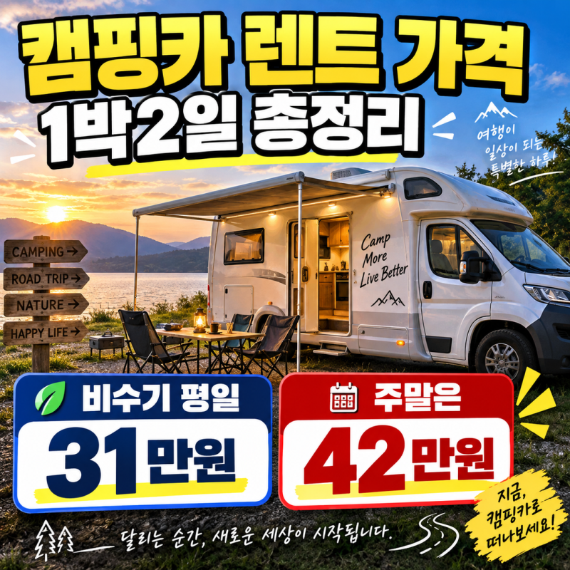 캠핑카 렌트 가격 1박2일 총정리 | 비수기 평일 31만원, 주말은 42만원