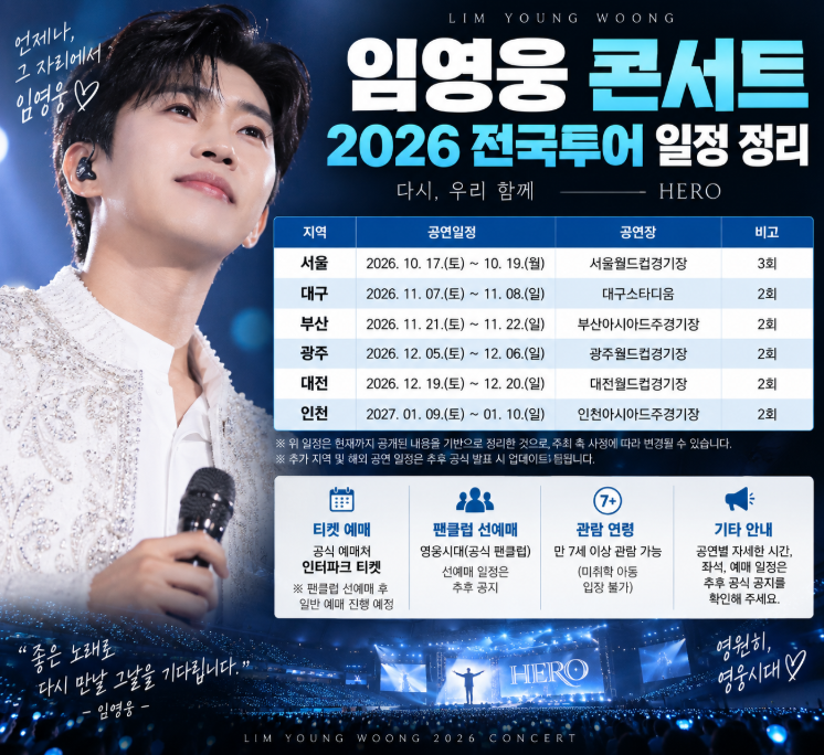 임영웅 2026 콘서트 일정 총정리…대전·서울·부산·고양 스타디움까지
