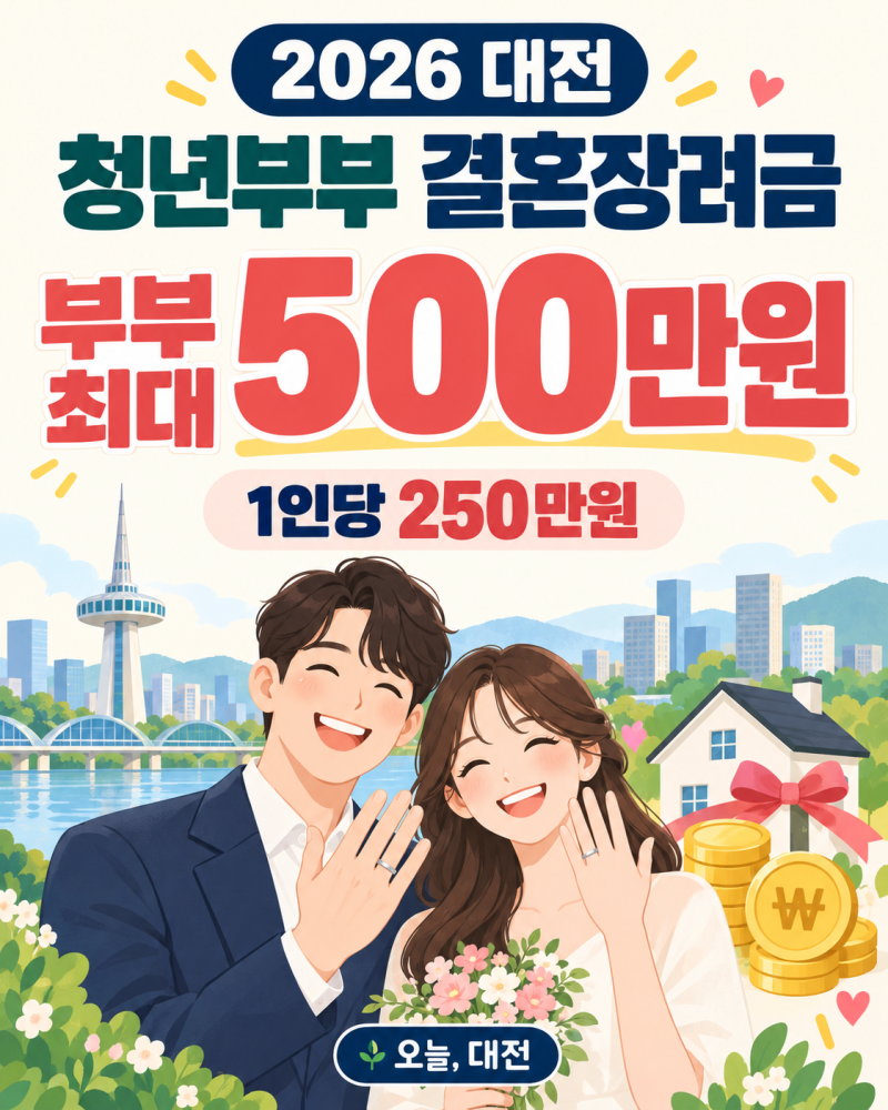 2026 대전 청년부부 결혼장려금 500만원｜혼인신고 전 전입·6개월 거주 조건