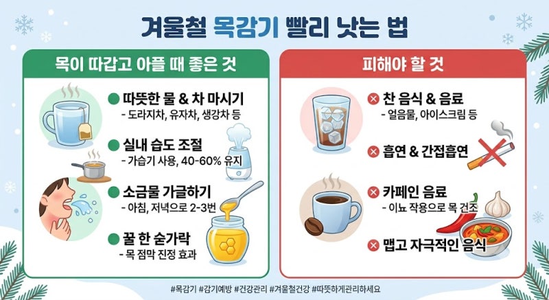 겨울철 목감기 빨리 낫는 법｜목이 따갑고 아플 때 좋은 것과 피해야 할 것