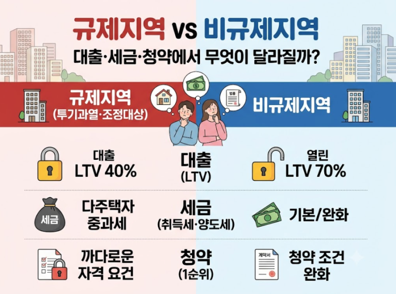 [집 값 폭등 속에 내 집 마련 4편] 규제지역과 비규제지역 차이 — 대출·세금·청약에서 뭐가 ....