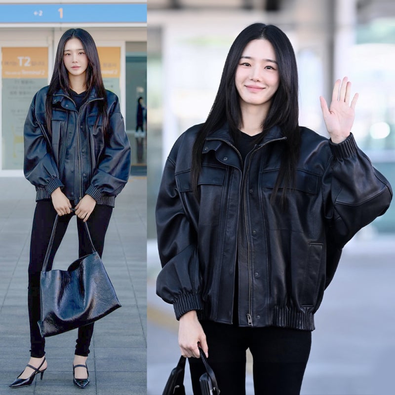 공항패션에 레깅스라니? 박규영 가을 COS 가죽자켓 올블랙 코디