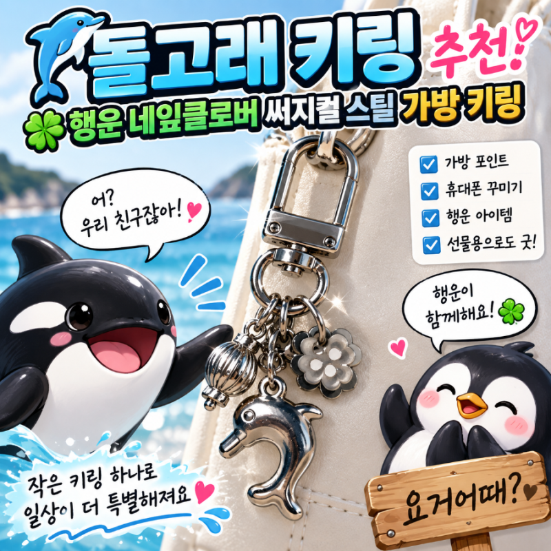 행운 미니 네잎 클로버 써지컬 스틸 키링 돌고래 가방 휴대폰 핸드폰 파우치 키홀더 ✨