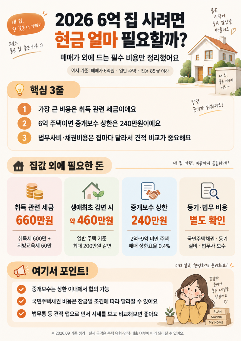 2026년 6억 집 사려면 현금 얼마 필요할까?｜취득세·중개보수·법무사비·등기비 총정리