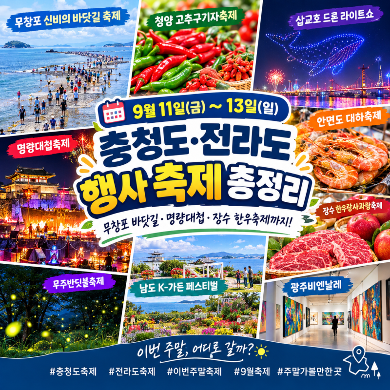 9월 11~13일 충청도·전라도 행사 축제 총정리｜무창포 바닷길·명량대첩·장수 한우축제까지