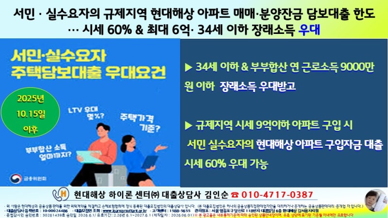 서민 실수요자의 규제지역 현대해상 아파트 매매·분양잔금 담보대출 한도... 시세 60% & 최대 ....