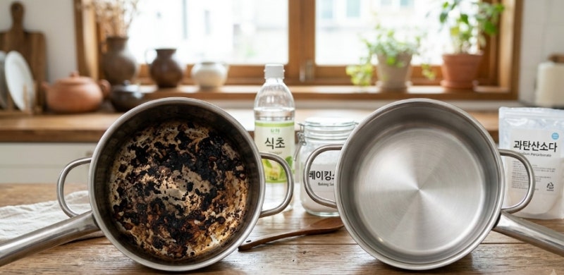 [요리 꿀팁] 탄 냄비 수세미질 없이 닦는 법! 과탄산소다 vs 베이킹소다+식초 완벽 비교 : 초간....