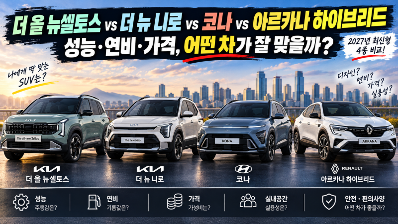 더 올 뉴셀토스 vs 더 뉴 니로 vs 코나 vs 아르카나 하이브리드 비교｜성능·연비·가격, 어?떤 ....