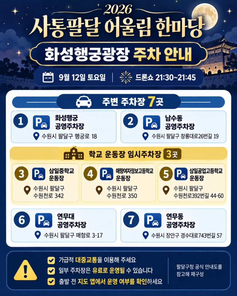 수원 화성행궁 2026년 드론쇼 입장권 공연시간 주차장 7곳