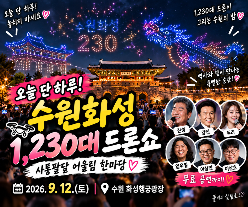 오늘 단 하루! 수원화성 1,230대 드론쇼｜진성·강진 무료공연까지 화성행궁 축제 총정리