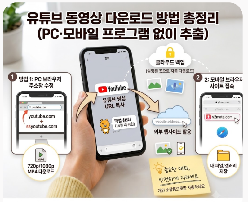 유튜브 동영상 다운로드 방법 총정리 (PC·모바일 프로그램 없이 추출)