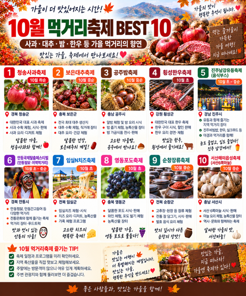 10월 먹거리축제 BEST 10｜사과·대추·밤·한우 등 가을 먹거리