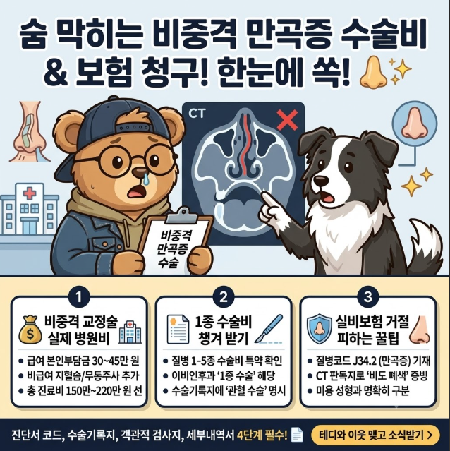 [비중격 만곡증 J34.2] 수술비용 얼마? 1종 수술비와 실비보험 청구 서류 총정리