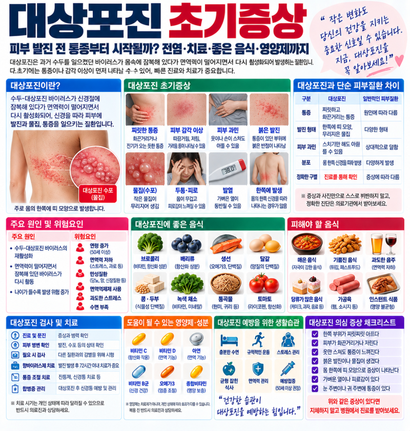 대상포진 초기증상, 피부 발진 전 통증부터 시작될까? 전염·좋은 음식·영양제까지