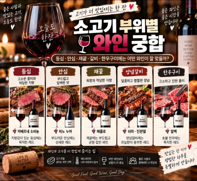 소고기 부위별 와인 궁합｜등심·안심·채끝·갈비·한우구이에는 어떤 와인이 잘 맞을까?