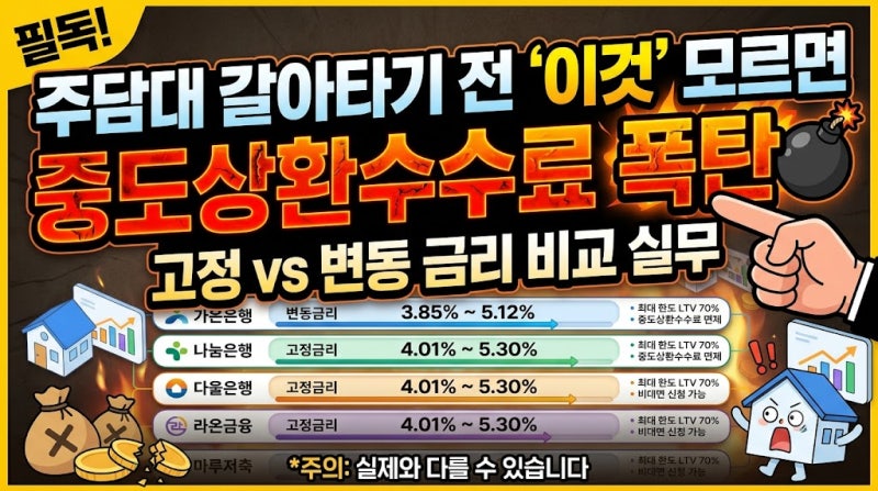 주담대 갈아타기 전 '이것' 모르면 중도상환수수료 폭탄 맞습니다 (고정 vs 변동 금리 비교 실....