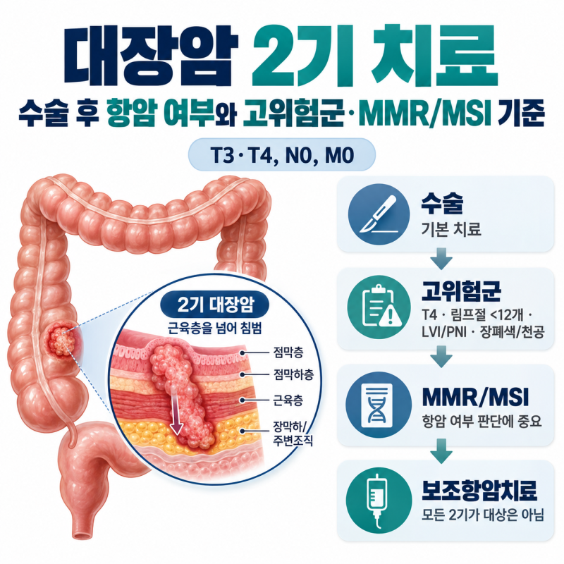 대장암 2기 치료는 어떻게 할까? 수술 후 항암 여부와 고위험군·MMR/MSI 기준