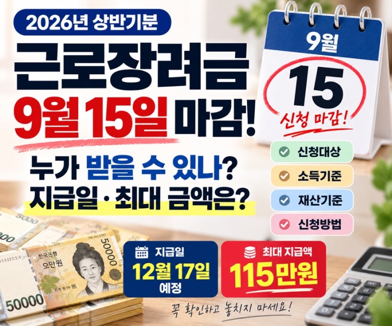 근로장려금 반기 신청 15일 마감, 누가 받을 수 있나? 지급일 최대 금액은