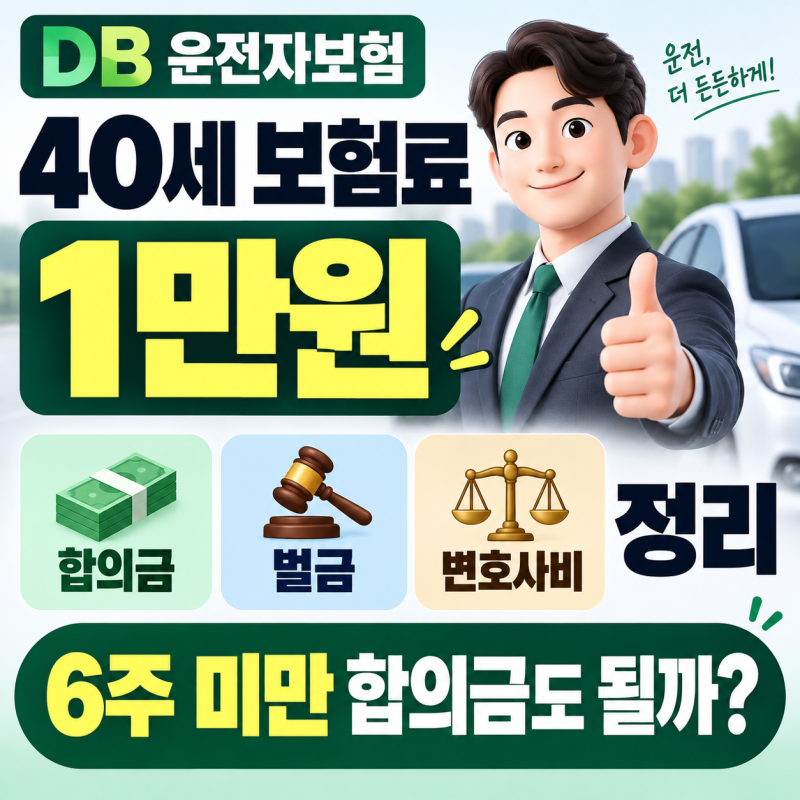 DB 운전자보험 40세 보험료 1만원 합의금·벌금·변호사비 정리 6주 미만 합의금도 될까?