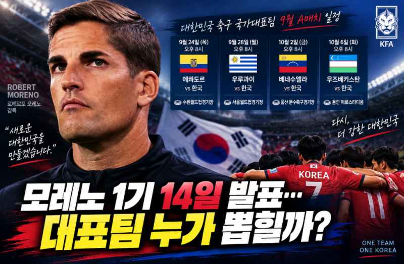 한국 축구대표팀 9월 21일 소집, 모레노 1기 누가 뽑힐까? 에콰도르·우루과이 4연전 시작
