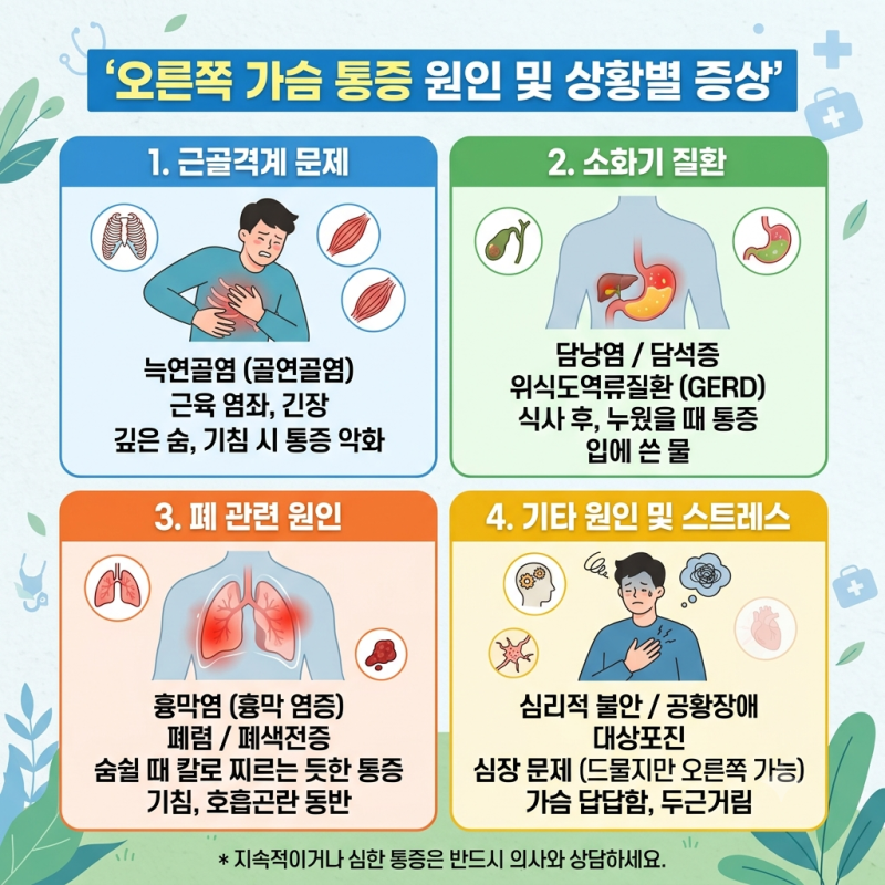 오른쪽 가슴 통증 콕콕 쑤실 때 원인 4가지와 상황별 증상 차이점 정리