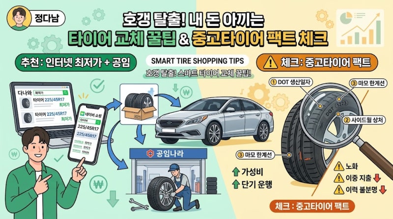 타이어 싸게 바꾸는 법: 공임나라 직배송 4단계 & 중고타이어 장단점 체크리스트